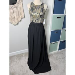 Prose & Poetry Black Gold Georgia Cutout Back Long Maxi Dress Formal Gown 4 NWT
